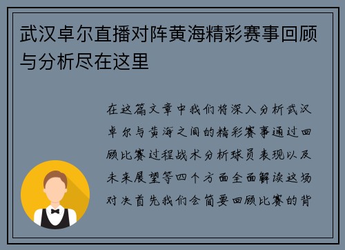 武汉卓尔直播对阵黄海精彩赛事回顾与分析尽在这里